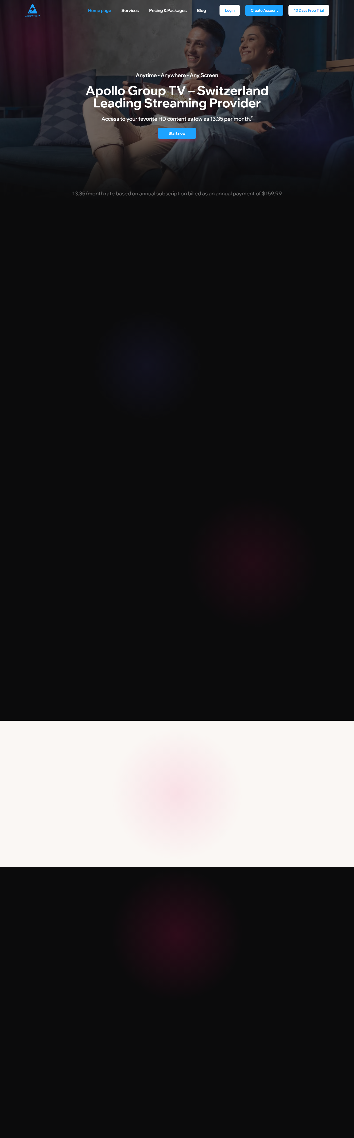 Apollo Group TV full homepage with live channels and VOD library