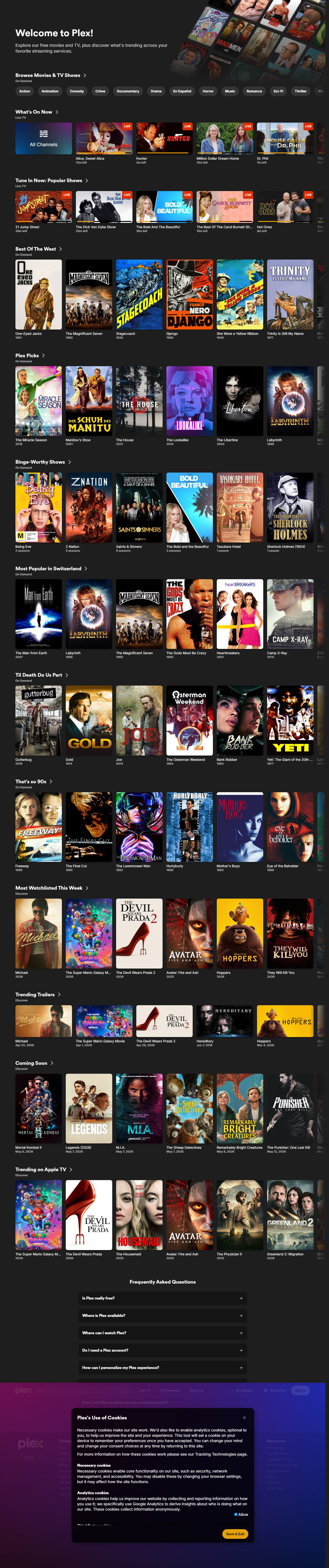 Plex full homepage showing live channels and personal media library
