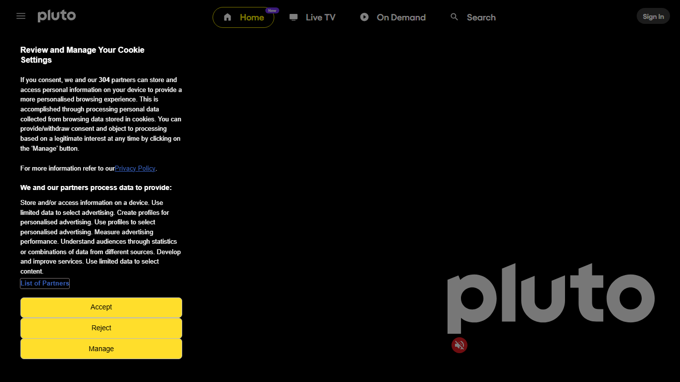 Pluto TV homepage