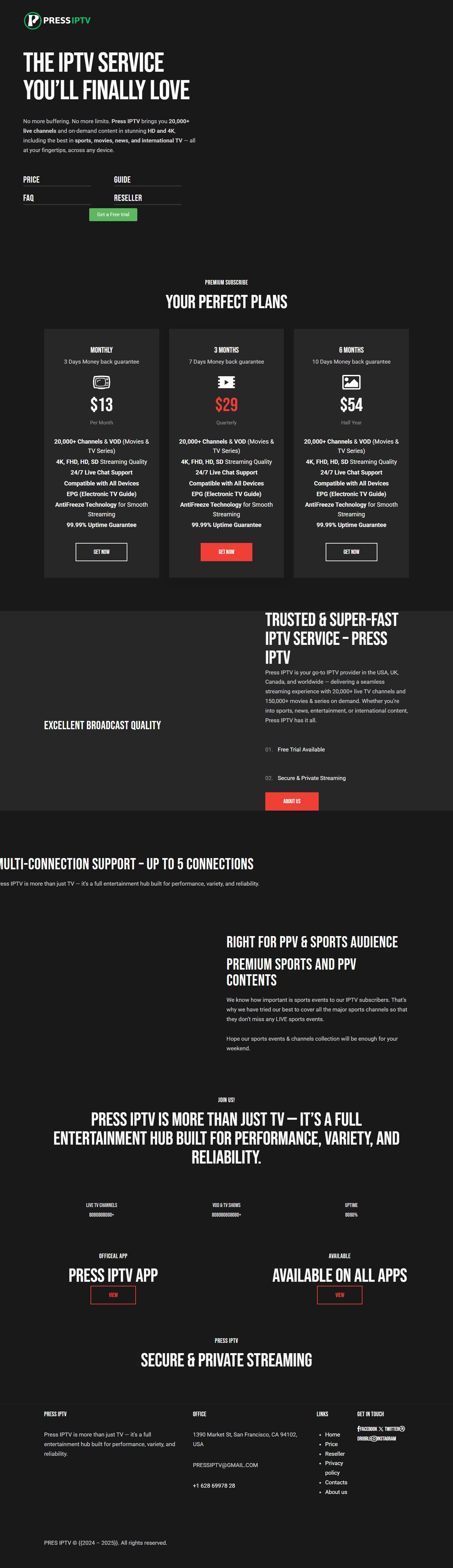 Press IPTV full homepage showing UK channel layout