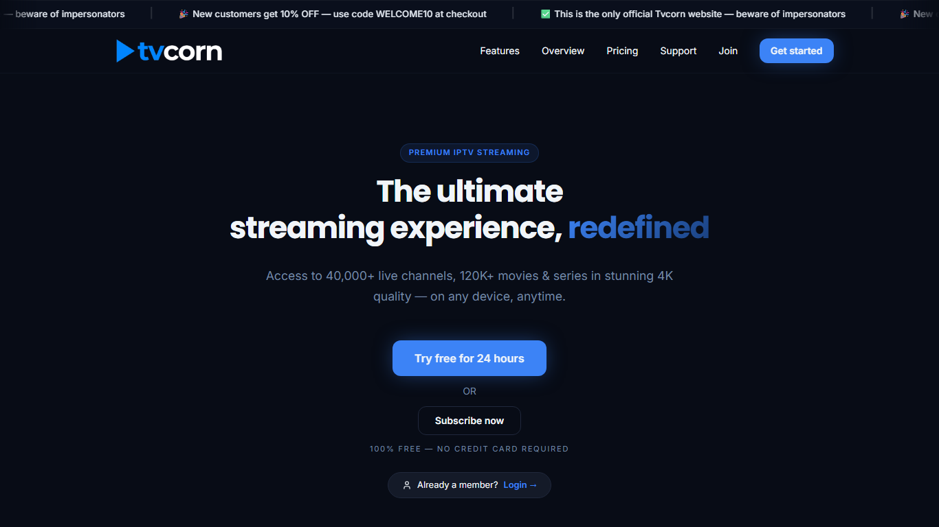 TvCorn IPTV homepage