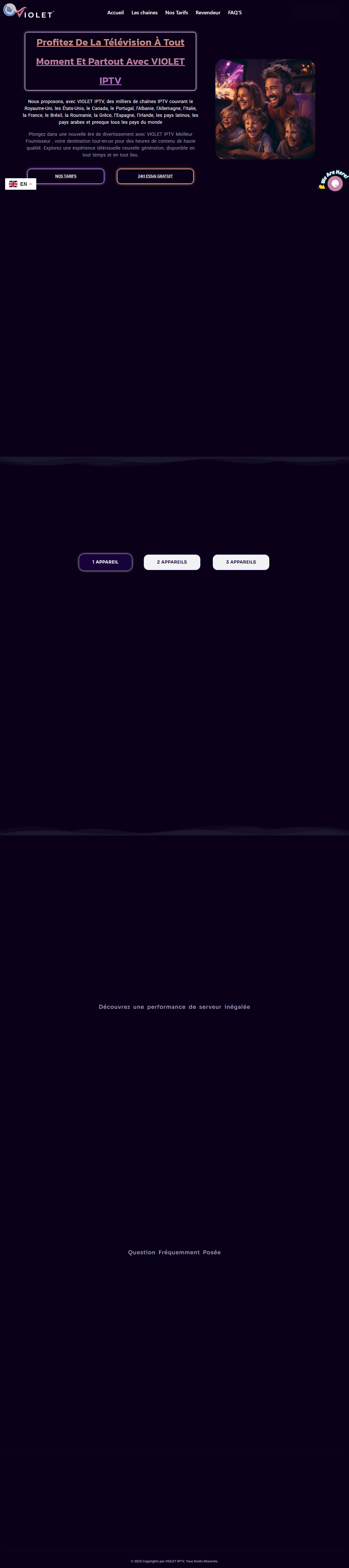 Violet IPTV full homepage with French and Québec channel sections