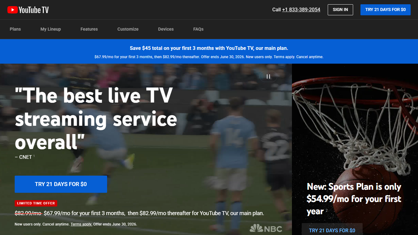YouTube TV homepage